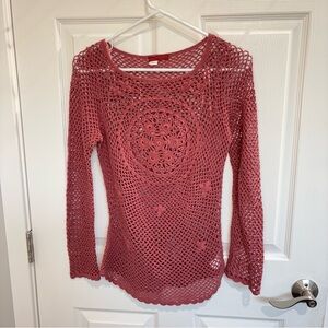 Tape Measure Crochet Open-Knit Long Sleeve Top - Rose